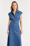 Grey Blue Cap Sleeves Maxi Bodycon Work Dress with Belt