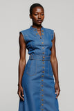 Grey Blue Button Midi A Line Work Dress with Belt