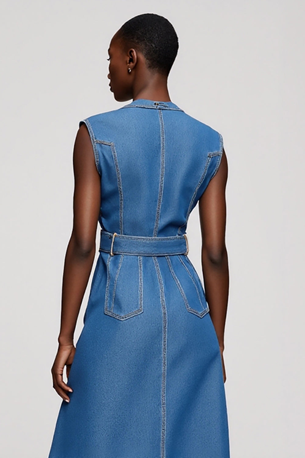 Grey Blue Button Midi A Line Work Dress with Belt