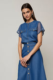 Grey Blue A Line Round Neck Midi Work Dress with Sleeves