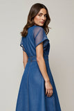 Grey Blue A Line Round Neck Midi Work Dress with Sleeves