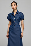 Blue Short Sleevs Midi Pencil Denim Work Dress with Belt