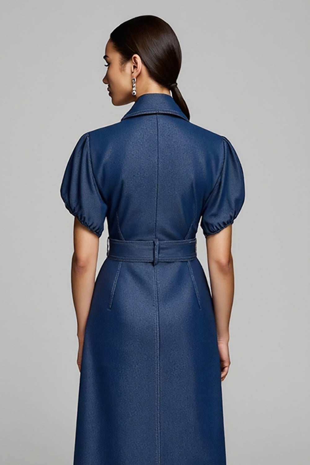 Blue Short Sleevs Midi Pencil Denim Work Dress with Belt