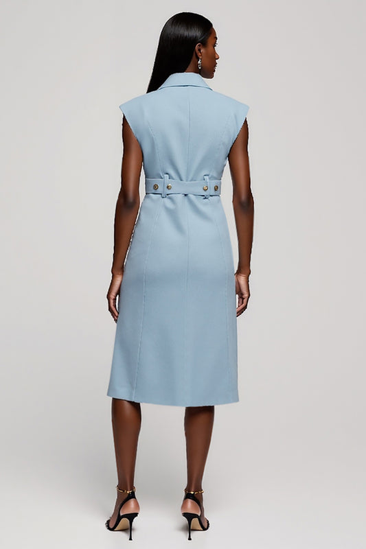 Light Blue Floral Notched Lapel Midi Blazer Dress with Belt