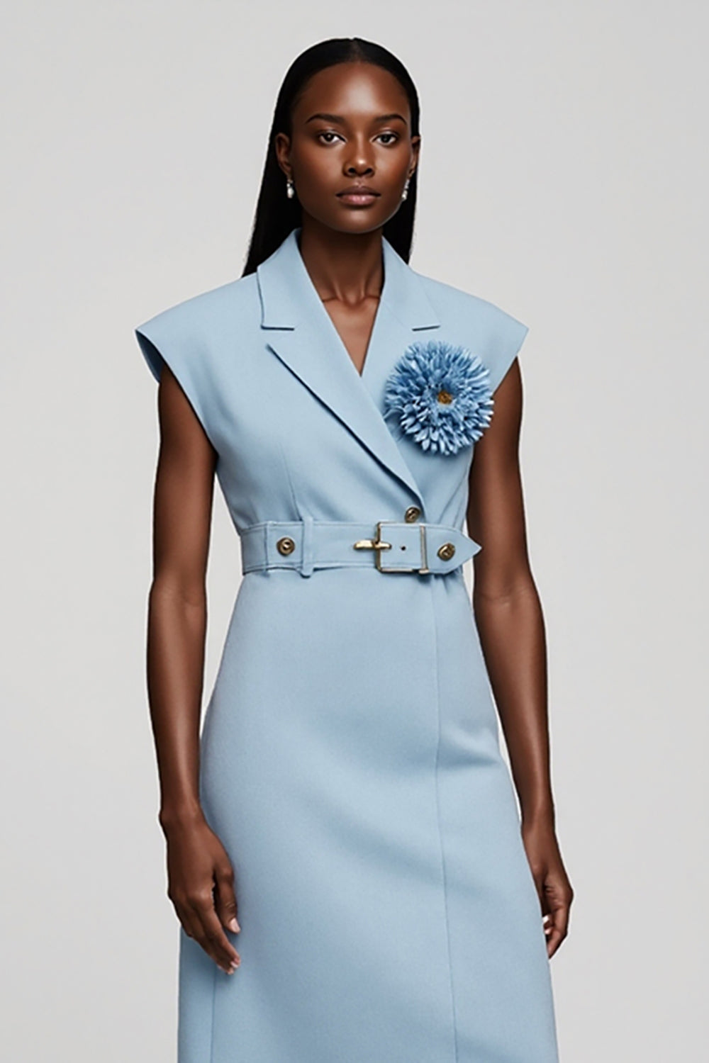 Light Blue Floral Notched Lapel Midi Blazer Dress with Belt