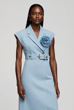 Light Blue Floral Notched Lapel Midi Blazer Dress with Belt