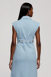 Light Blue Floral Notched Lapel Midi Blazer Dress with Belt