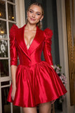 Red Corset Shawl Lapel Satin Short Blazer Dress with Feathers