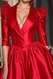 Red Corset Shawl Lapel Satin Short Blazer Dress with Feathers