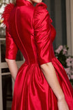 Red Corset Shawl Lapel Satin Short Blazer Dress with Feathers