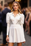 Sparkly White A-Line Short Work Dress with Sleeves