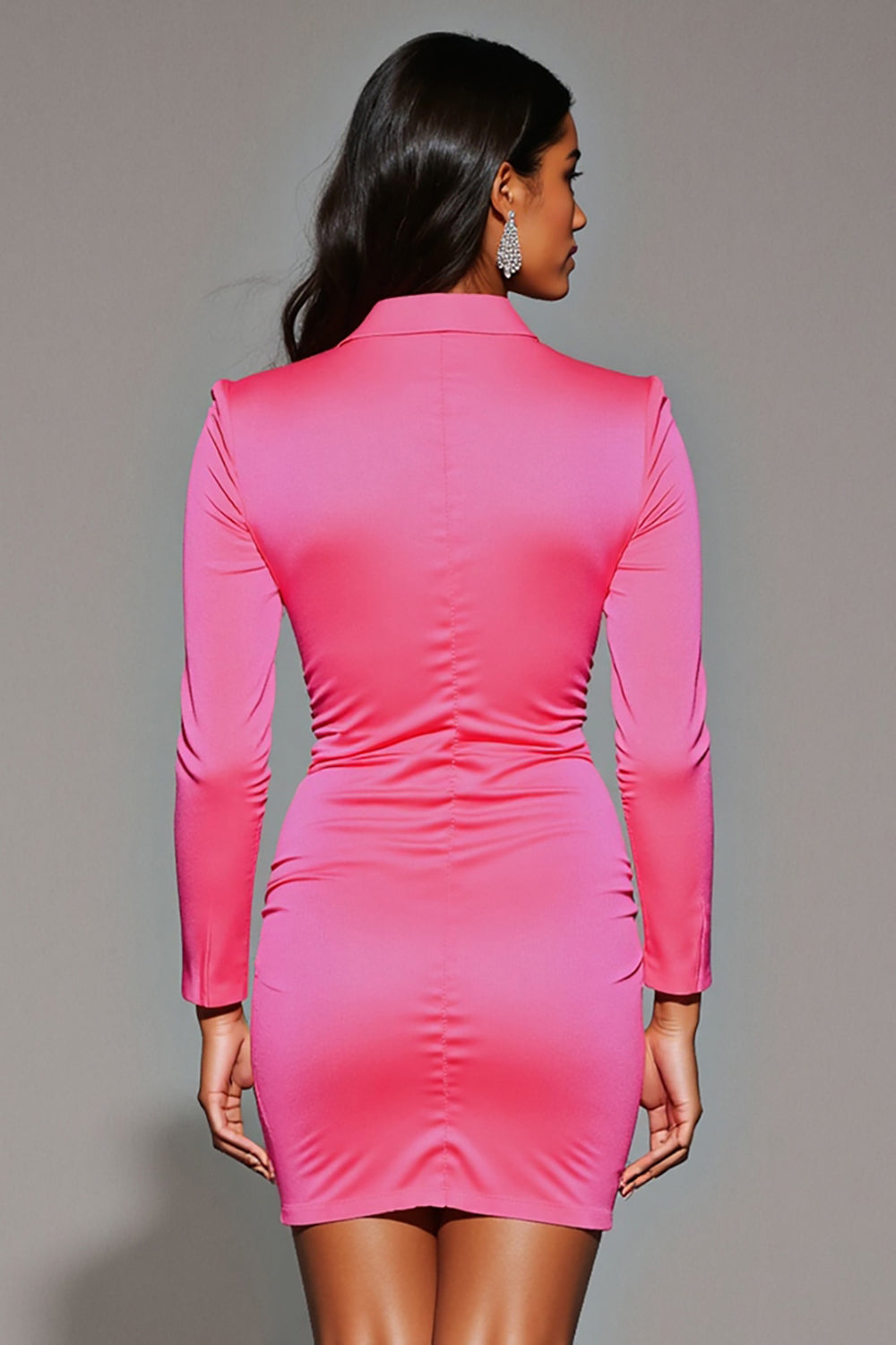 Fuchsia Tight Notched Lapel Long Sleeves Blazer Dress
