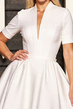 White Corset V-Neck A Line Short Sleeves Work Dress