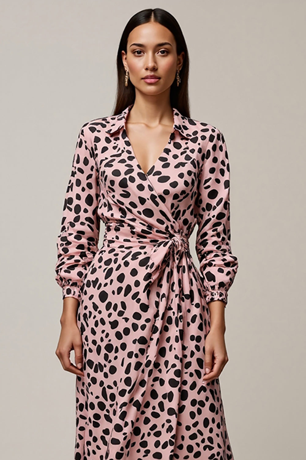 Pink Ruched Leopard Printed Maxi Work Dress with Sleeves