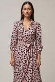 Pink Ruched Leopard Printed Maxi Work Dress with Sleeves