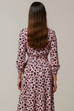 Pink Ruched Leopard Printed Maxi Work Dress with Sleeves