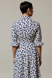 White and Blue A Line Leopard Printed Half Sleeves Maxi Work Dress