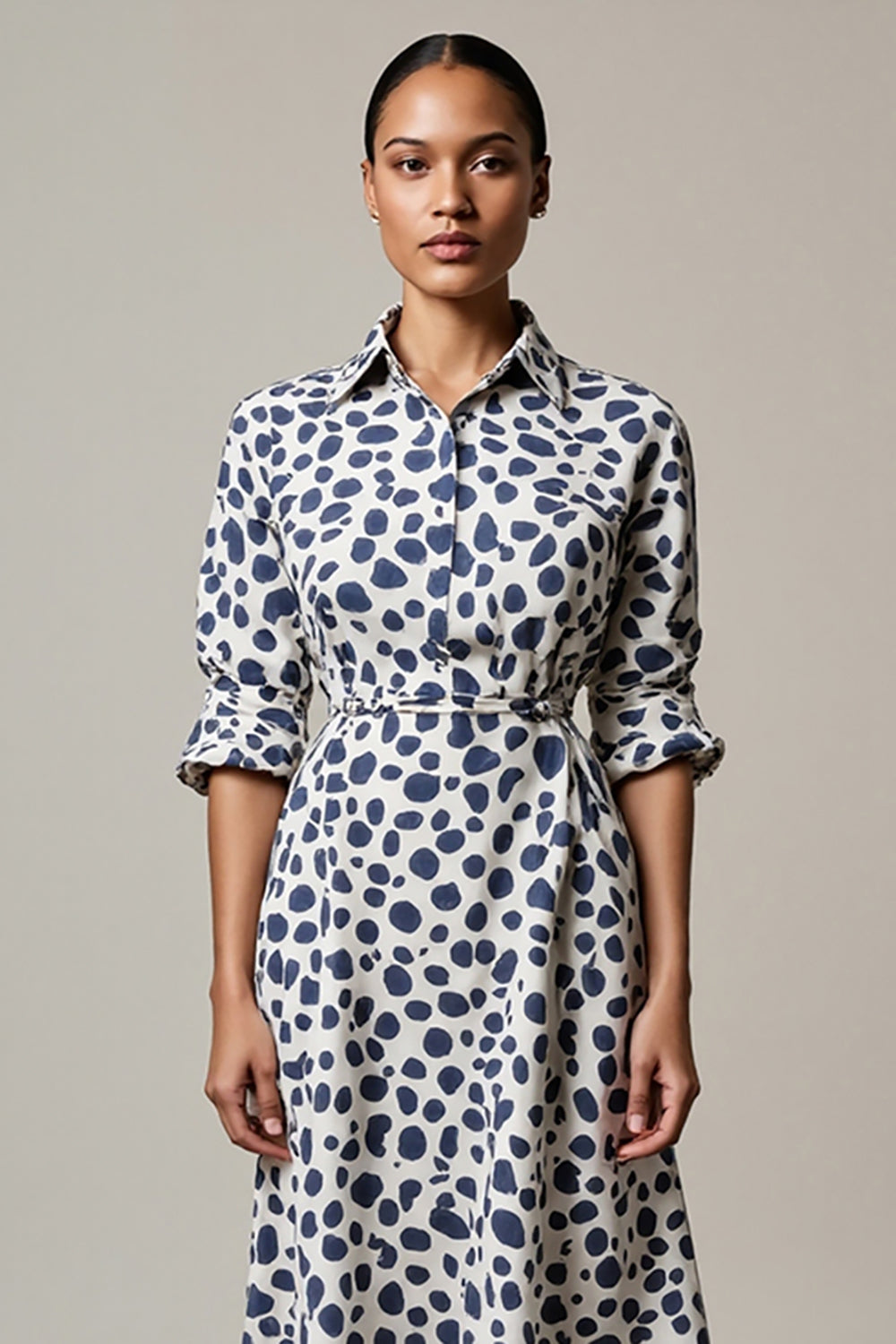 White and Blue A Line Leopard Printed Half Sleeves Maxi Work Dress