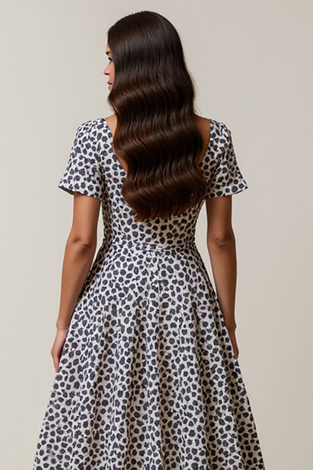 White and Blue Leopard Printed Square Neck Maxi Work Dress with Sleeves
