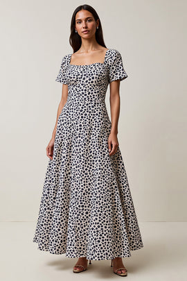 White and Blue Leopard Printed Square Neck Maxi Work Dress with Sleeves