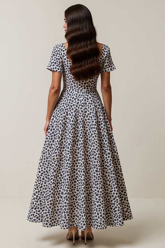 White and Blue Leopard Printed Square Neck Maxi Work Dress with Sleeves