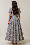 White and Blue Leopard Printed Square Neck Maxi Work Dress with Sleeves