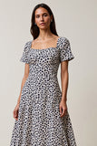White and Blue Leopard Printed Square Neck Maxi Work Dress with Sleeves