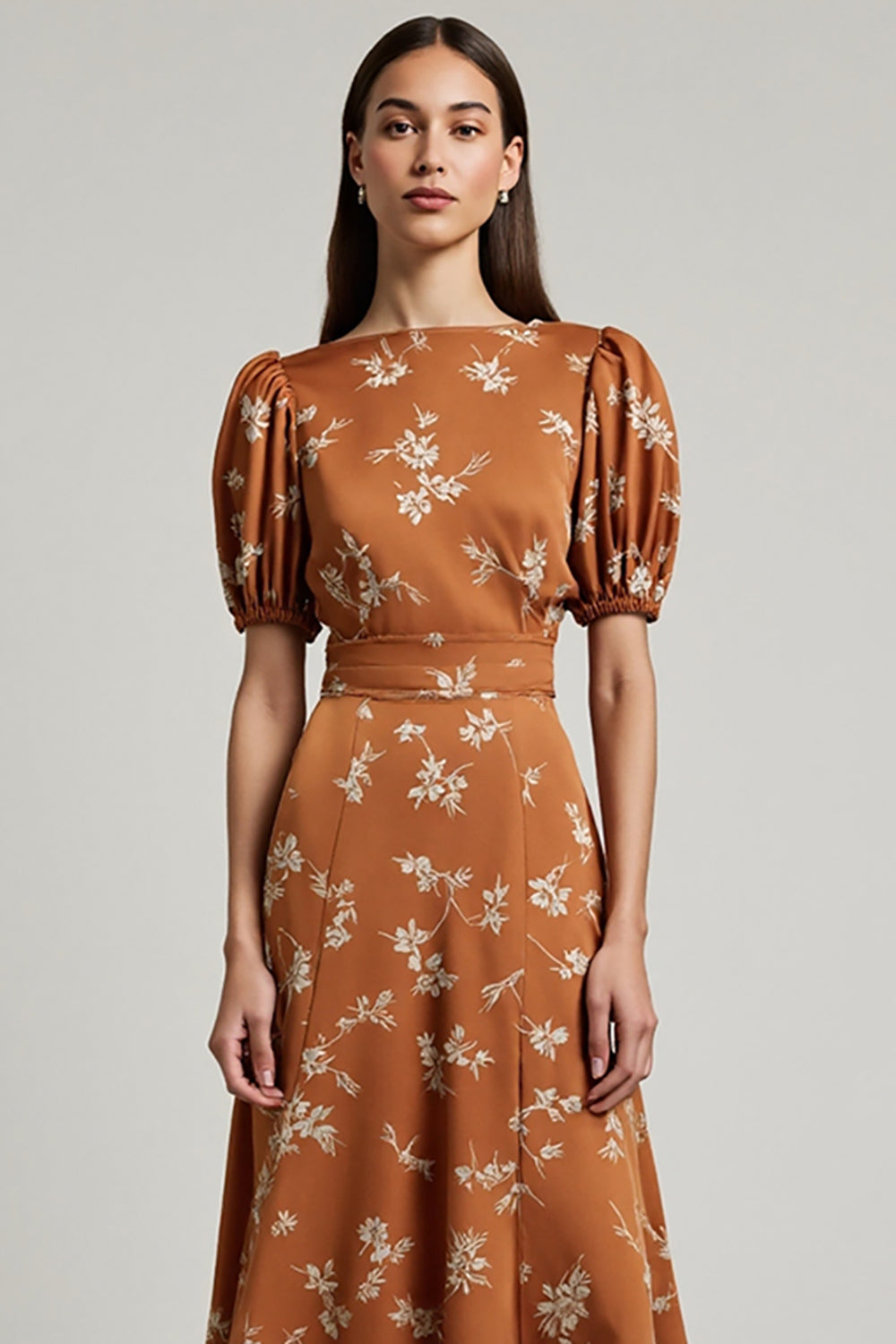 Orange Floral Printed Bateau Neck Maxi Work Dress with Sleeves