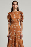Orange Floral Printed Bateau Neck Maxi Work Dress with Sleeves