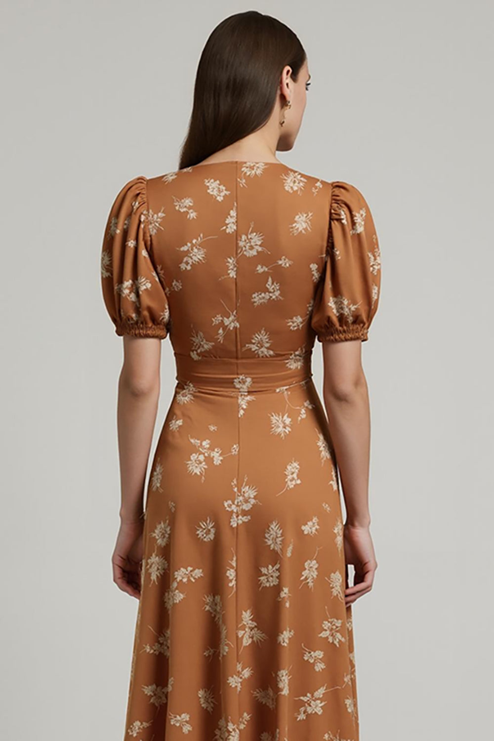Orange Floral Printed Bateau Neck Maxi Work Dress with Sleeves