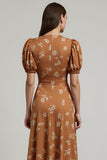 Orange Floral Printed Bateau Neck Maxi Work Dress with Sleeves
