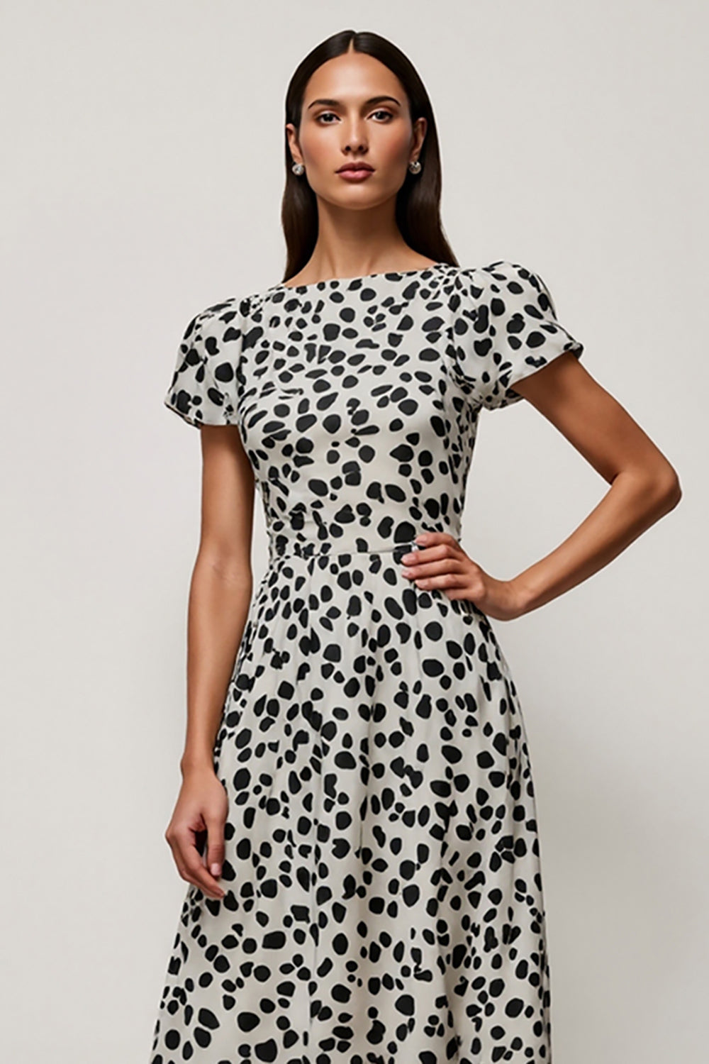 Black and White Leopard Printed Short Sleeves Maxi Work Dress