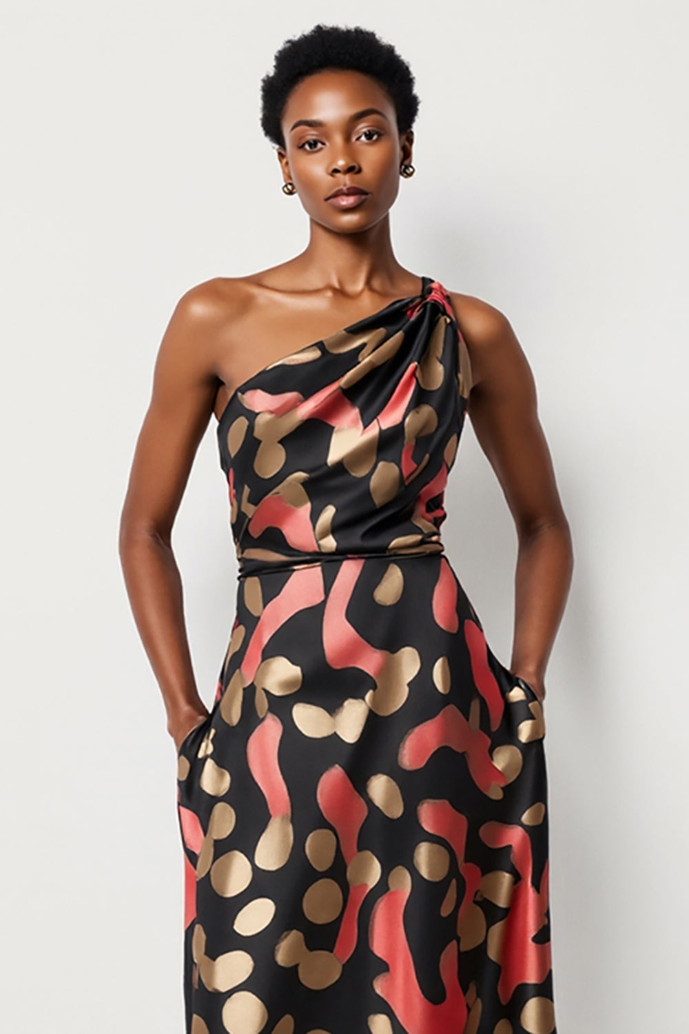 Black Printed One Shoulder Sheath Maxi Work Dress with Pockets