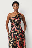 Black Printed One Shoulder Sheath Maxi Work Dress with Pockets