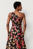 Black Printed One Shoulder Sheath Maxi Work Dress with Pockets