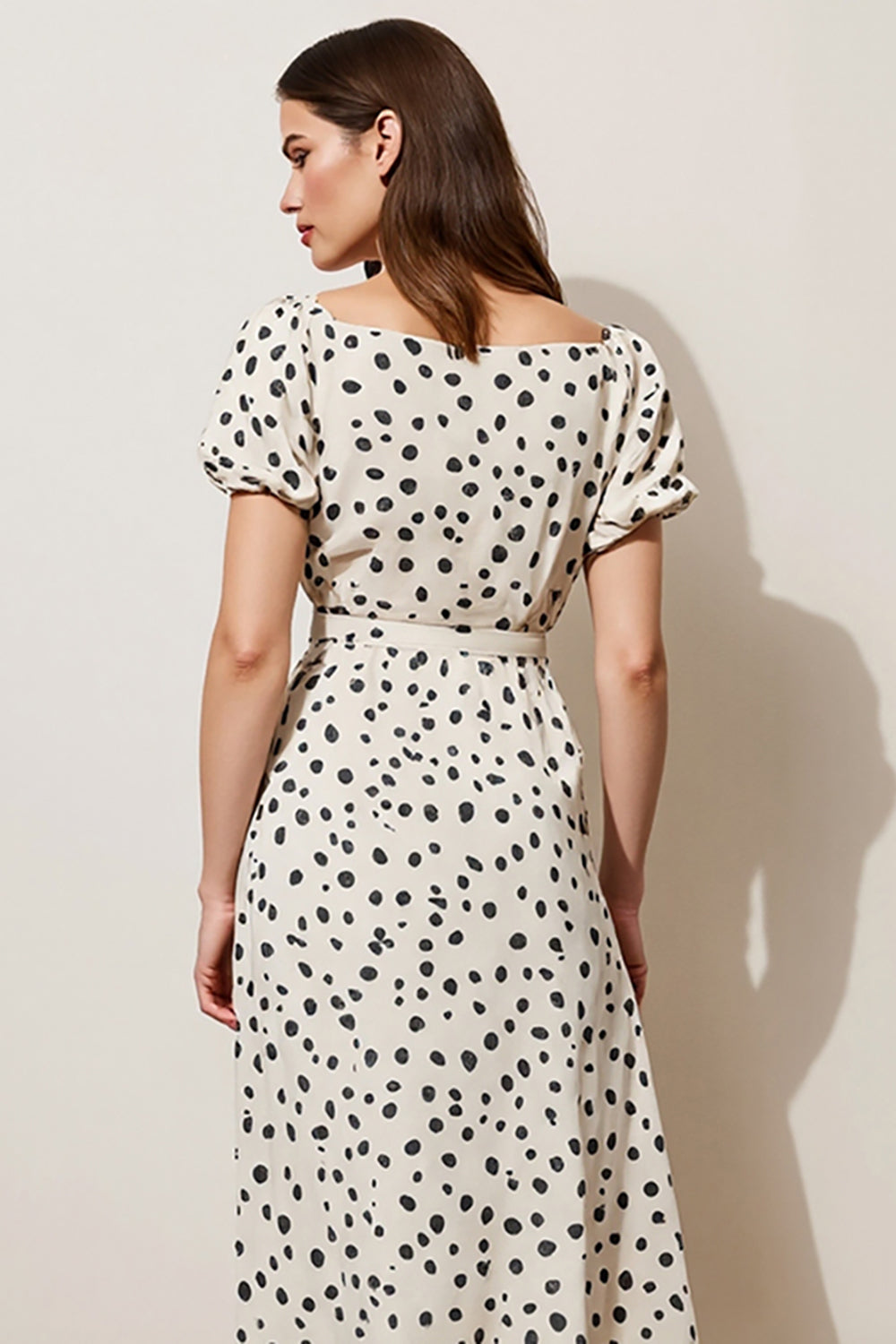 Black and White Polka Dots Short Sleeves A Line Maxi Work Dress