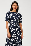 Navy Boat Neck Short Sleeves A Line Printed Maxi Work Dress