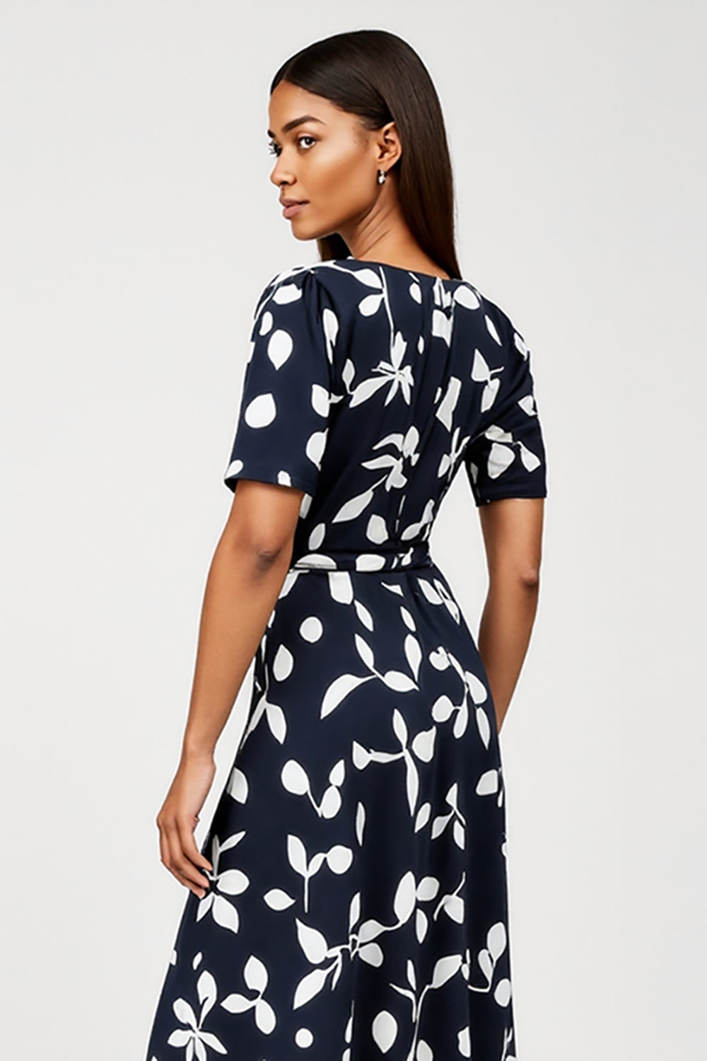 Navy Boat Neck Short Sleeves A Line Printed Maxi Work Dress