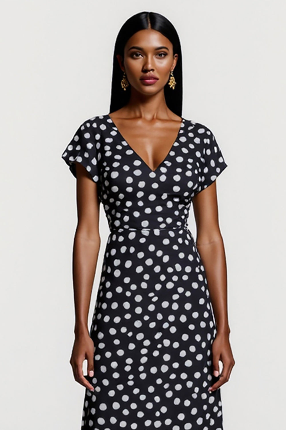 Black and White Polka Dots V-Neck Short Sleeves Maxi Work Dress