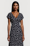 Black and White Polka Dots V-Neck Short Sleeves Maxi Work Dress