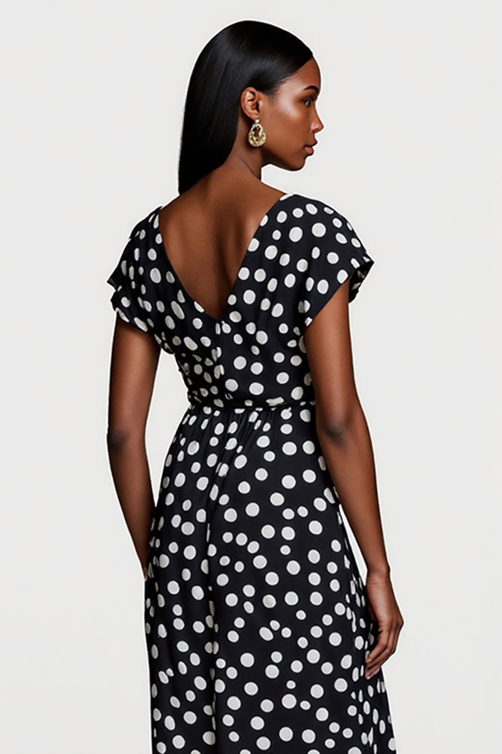 Black and White Polka Dots V-Neck Short Sleeves Maxi Work Dress