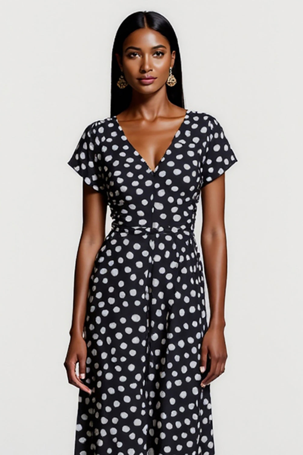 Black and White Polka Dots V-Neck Short Sleeves Maxi Work Dress