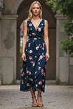 Dark Blue Floral Printed V-Neck Sheath Maxi Work Dress