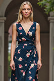 Dark Blue Floral Printed V-Neck Sheath Maxi Work Dress