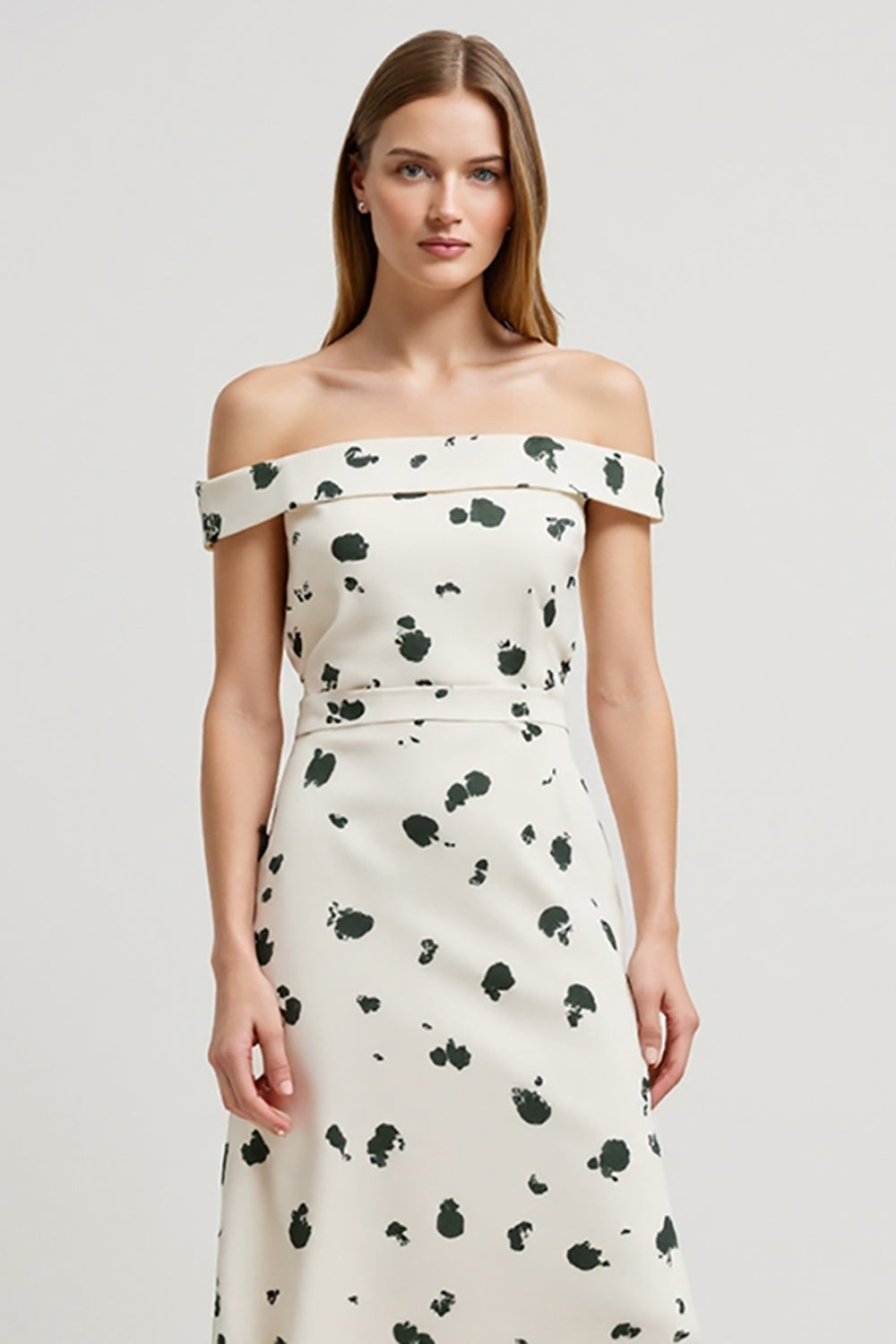 White Printed Off the Shoulder High-Low Work Dress