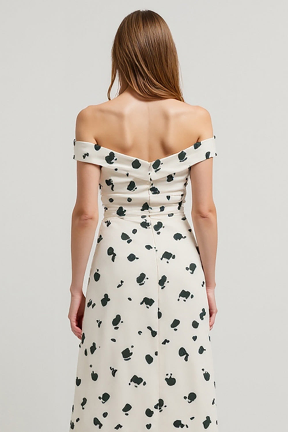 White Printed Off the Shoulder High-Low Work Dress