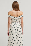 White Printed Off the Shoulder High-Low Work Dress