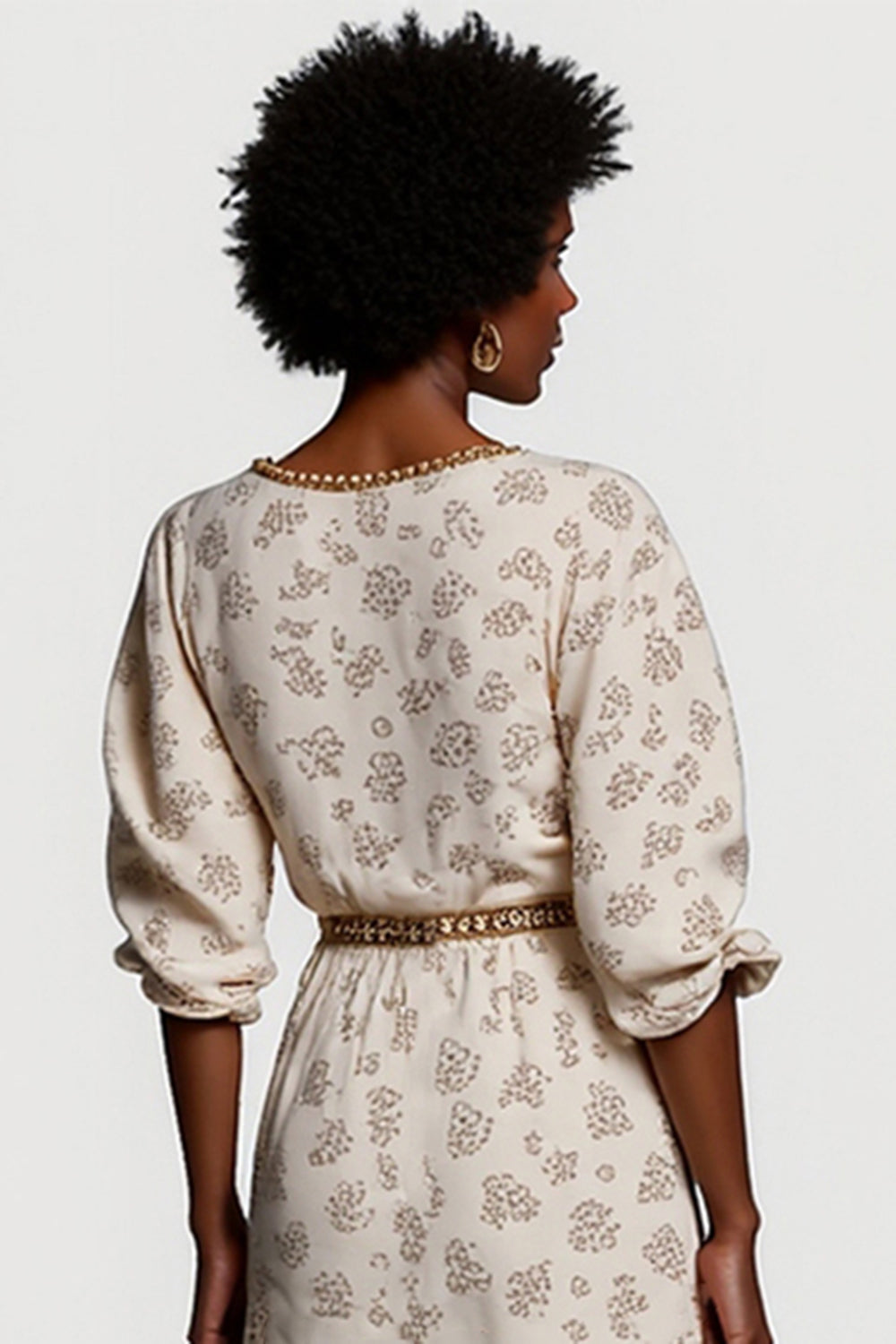 Apricot Printed Half Sleeves V-Neck Maxi Work Dress with Belt