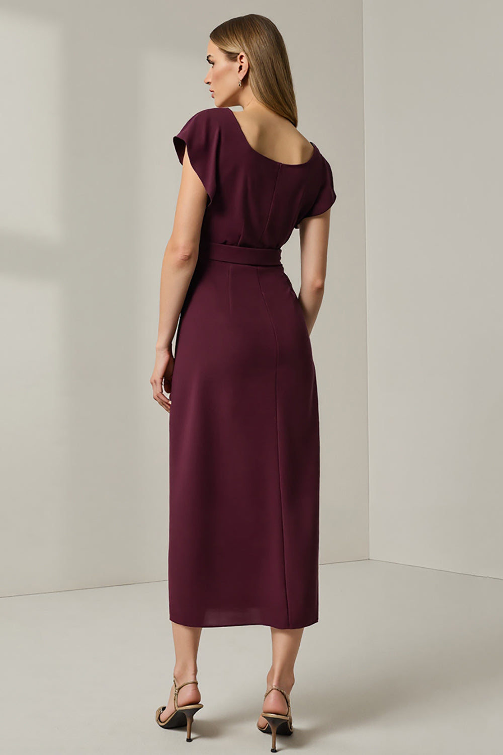 Dark Red Round Neck Pencil Long Work Dress with Sleeves
