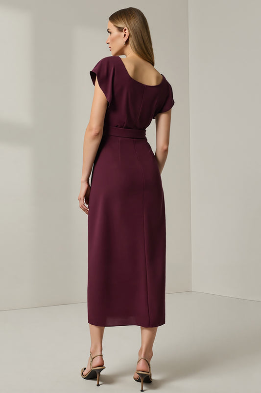 Dark Red Round Neck Pencil Long Work Dress with Sleeves